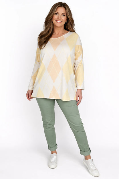Wool Mix Spring Knit Argyle Florence Top - Light Peach/Yellow