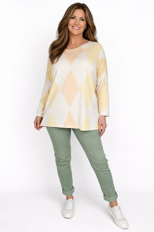 Wool Mix Spring Knit Argyle Florence Top - Light Peach/Yellow