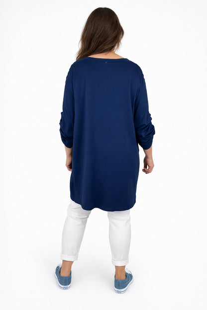 Cotton Crochet Detail Charmaine Button Sleeve Top - Navy