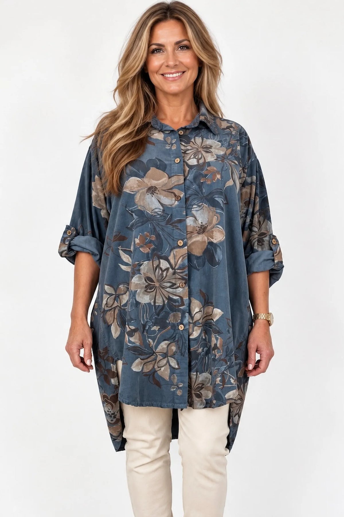 Pure Cotton Needlecord Button Sleeve Dorsia Button Shirt - Denim