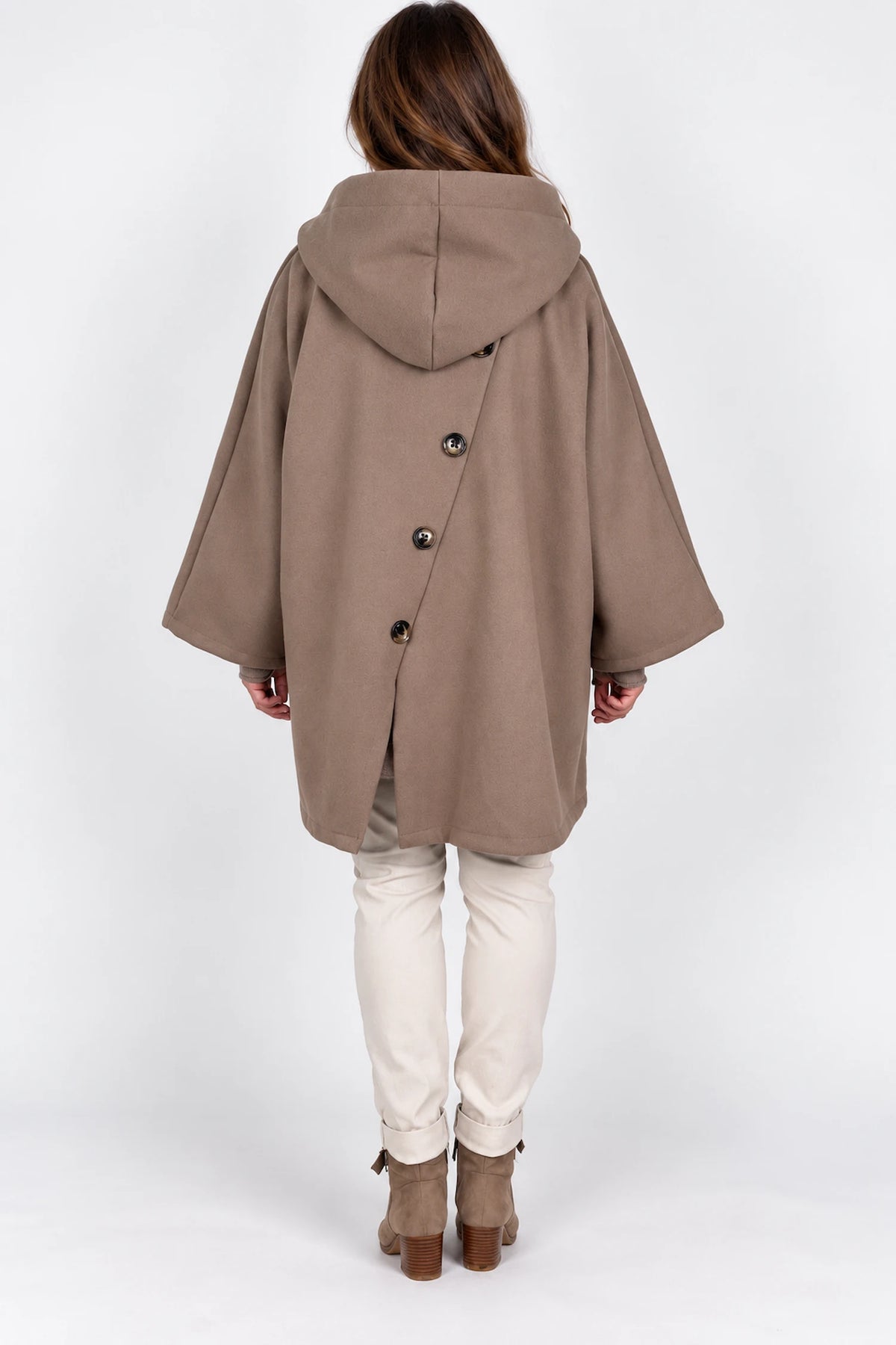 Double Button Pocket Zipped Button Back Sophia Hooded Coat - Mocha