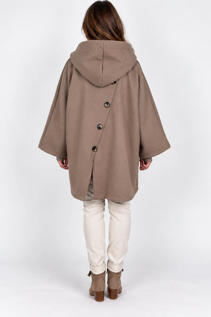 Double Button Pocket Zipped Button Back Sophia Hooded Coat - Mocha