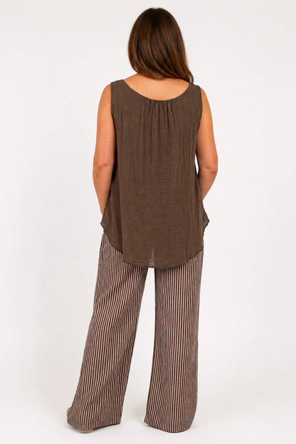 Pure Cotton Double Pocket Elasticated Waist Viera Stripe Pants - Chocolate