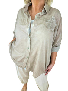 Pure Cotton Alessandra Flower Back Detail Button Sleeve Shirt - Mocha