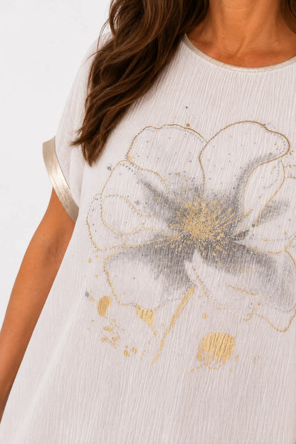 Lightly Textured Golden Diamanté Clover Gold Trim Diana Top - Cream