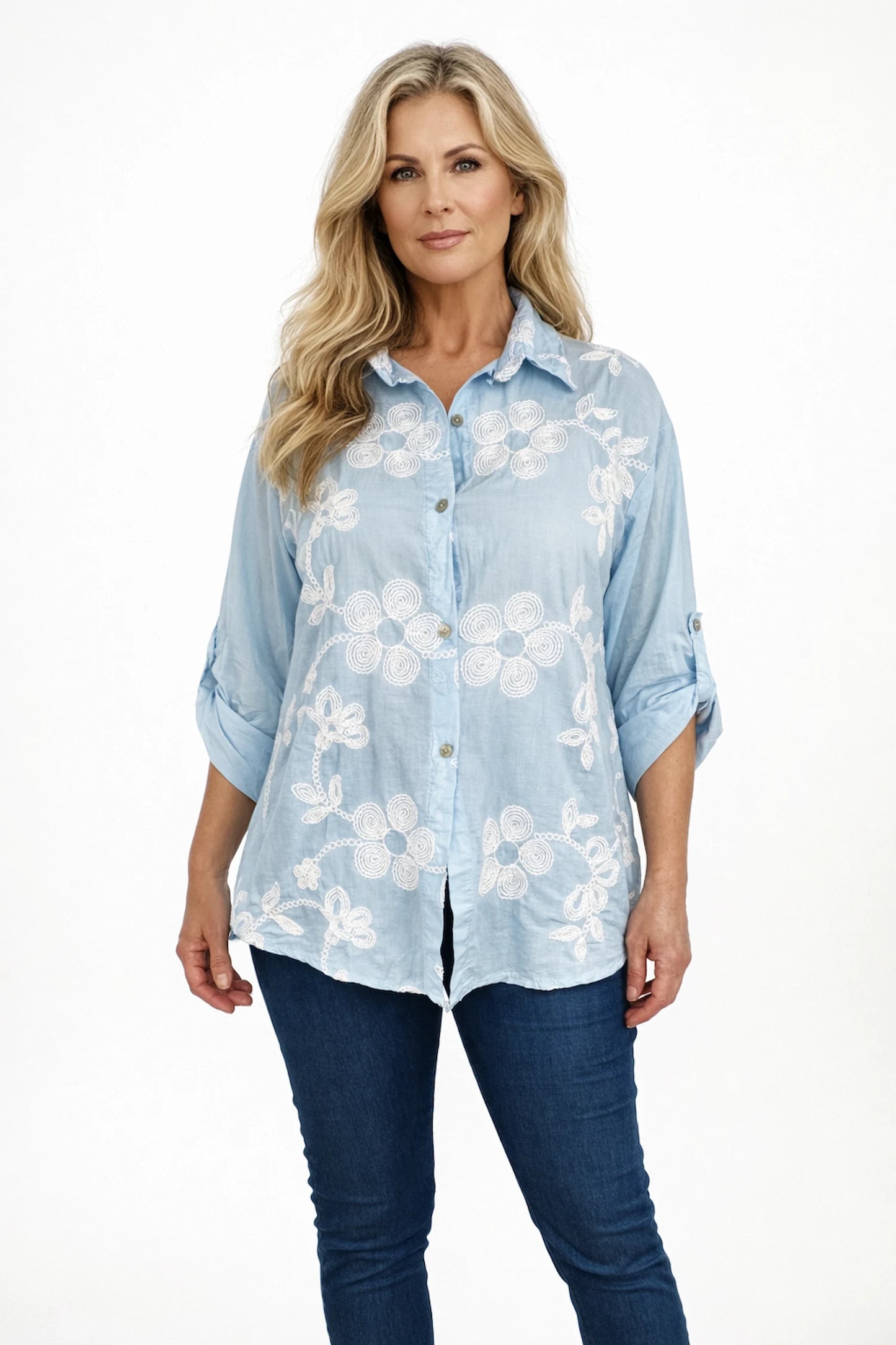 Pure Cotton Embroidered Flower Button Sleeve Valentina Button Shirt - Baby Blue