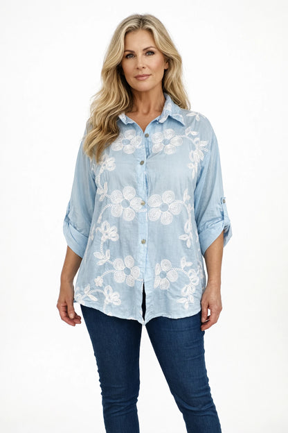 Pure Cotton Embroidered Flower Button Sleeve Valentina Button Shirt - Baby Blue