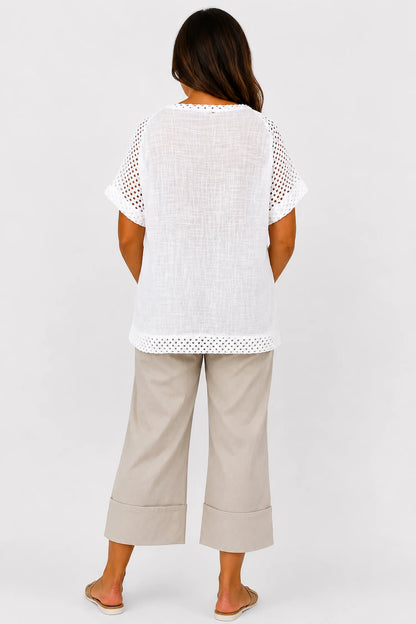 Pure Cotton Crochet Detail Button Pocket Palermo Top - White