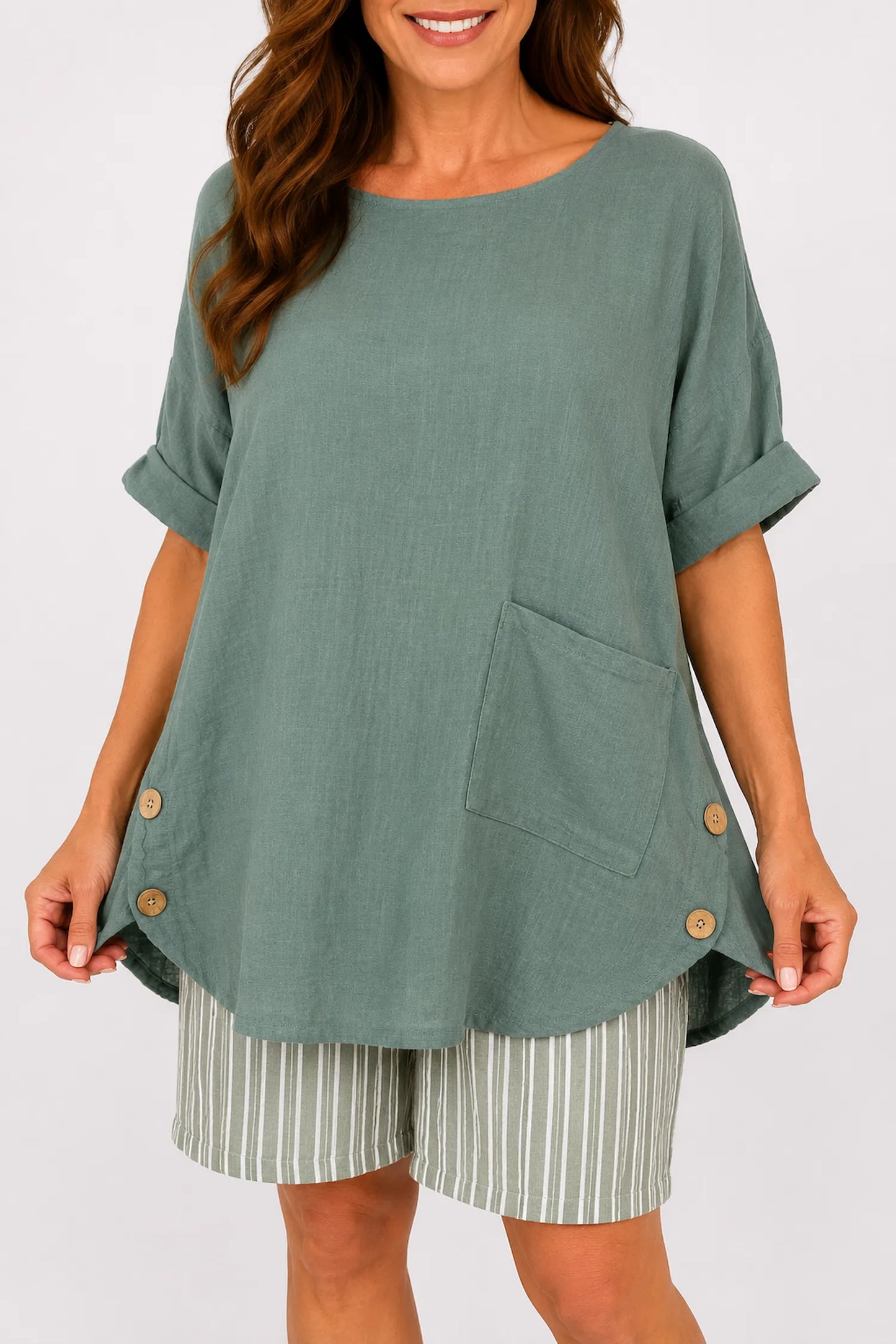 Linen Look Pure Cotton Button Detail Pocket Venice Top - Khaki