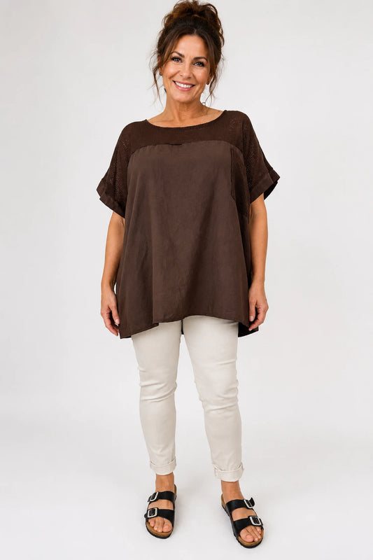Linen Cotton Mix Mesh Detail Amalfi Pocket Top - Chocolate