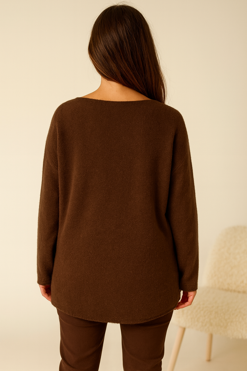 Pure Cotton Allegra Fine Knit Seam Sleeve Detail Jumper - Chocolate