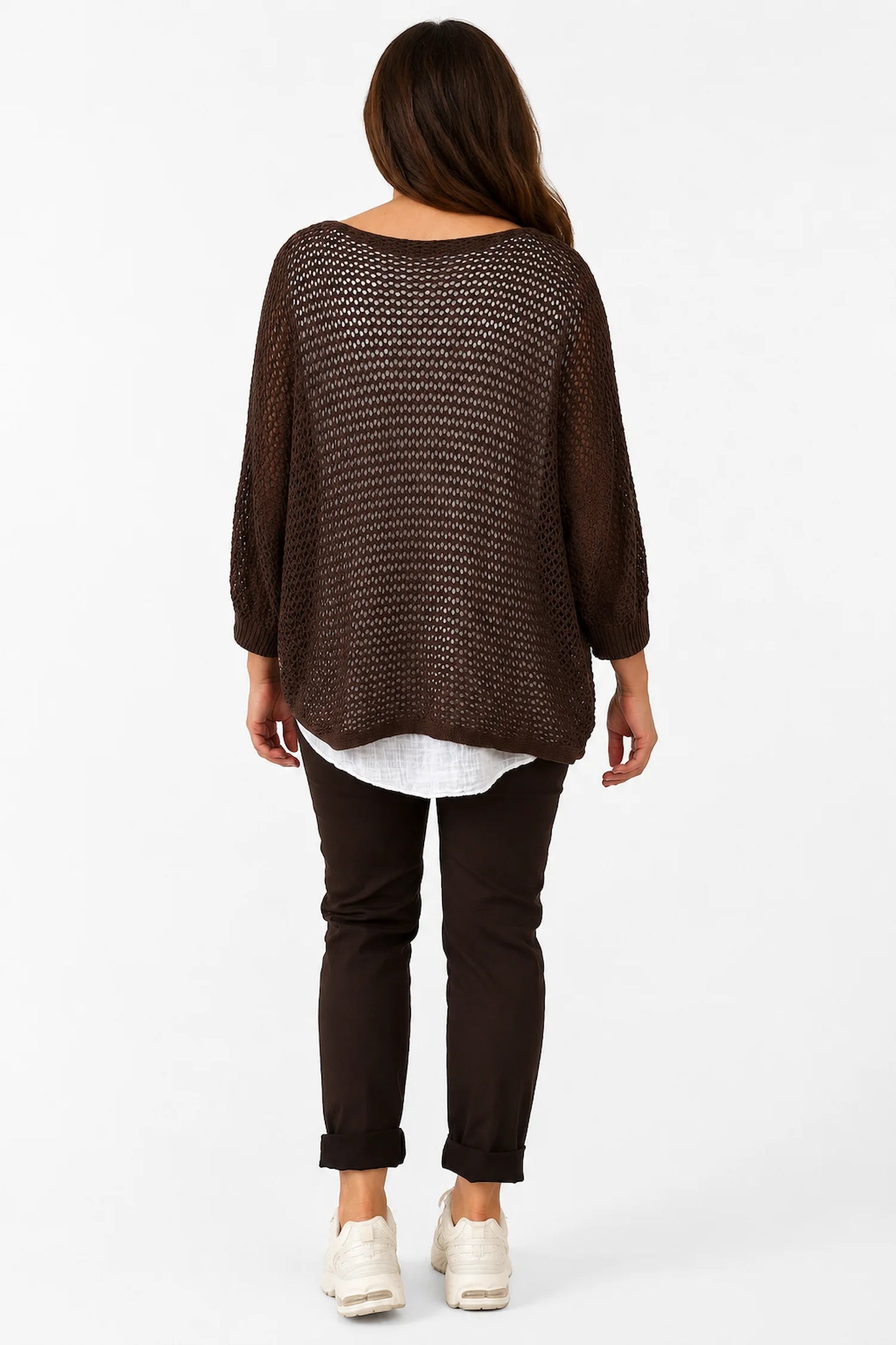 Pure Cotton Removable Tie Alexandra Batwing Crochet Top - Chocolate