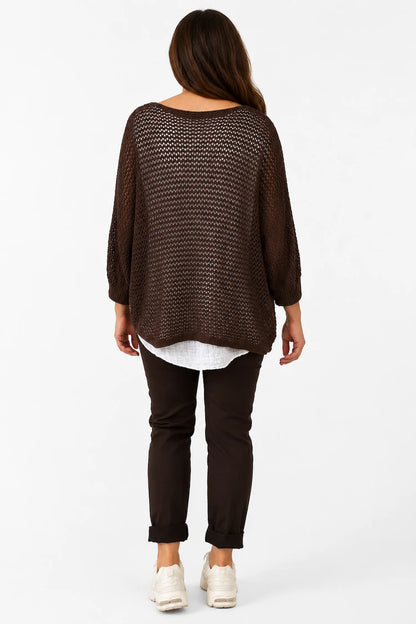 Pure Cotton Removable Tie Alexandra Batwing Crochet Top - Chocolate