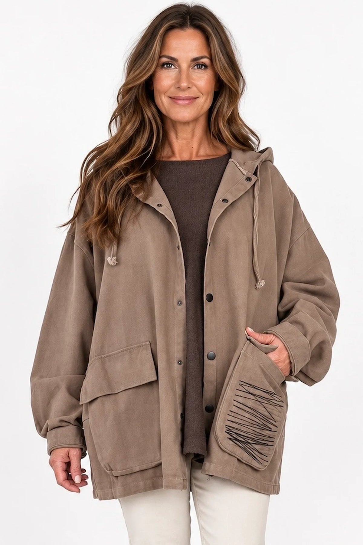 Pure Cotton Double Pocket Button Hooded Tiana Jacket - Mocha