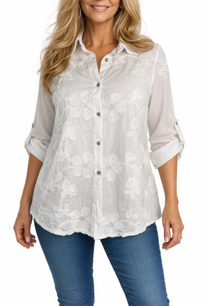 Pure Cotton Embroidered Flower Button Sleeve Valentina Button Shirt - White