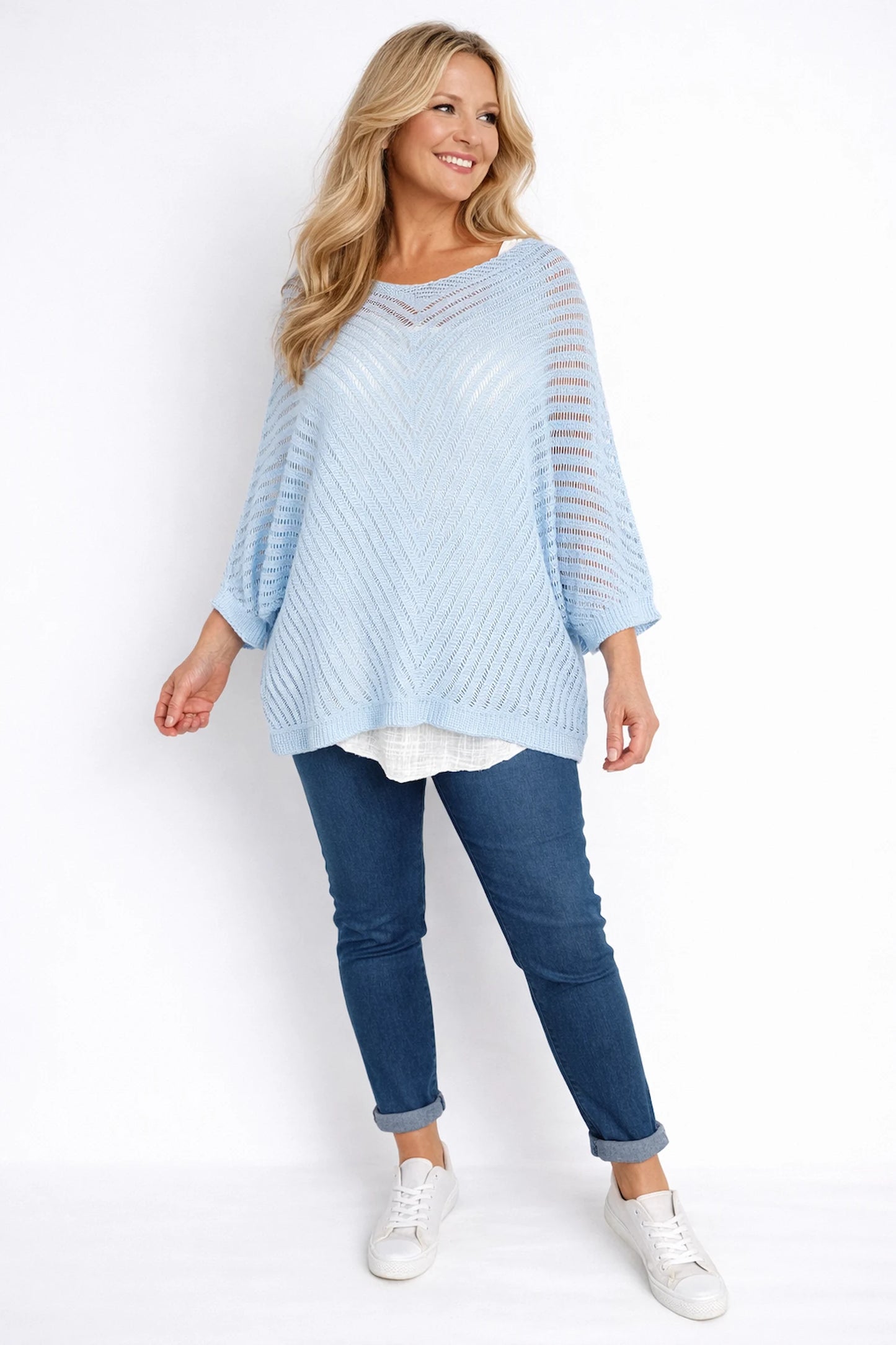 Cotton Batwing Positano Crochet Top - Baby Blue