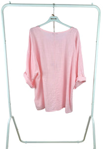 Pure Cotton Linen Look Porto Necklace Top - Baby Pink