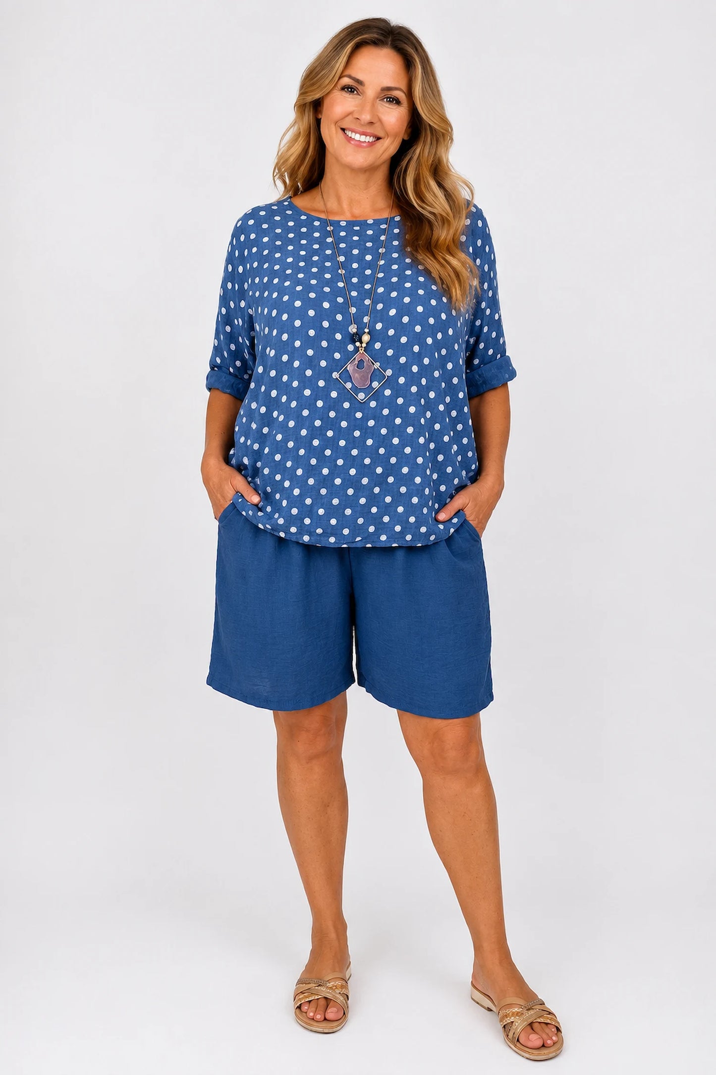 Double Pocket Elasticated Waist Lightweight Flow Mari Shorts - Denim