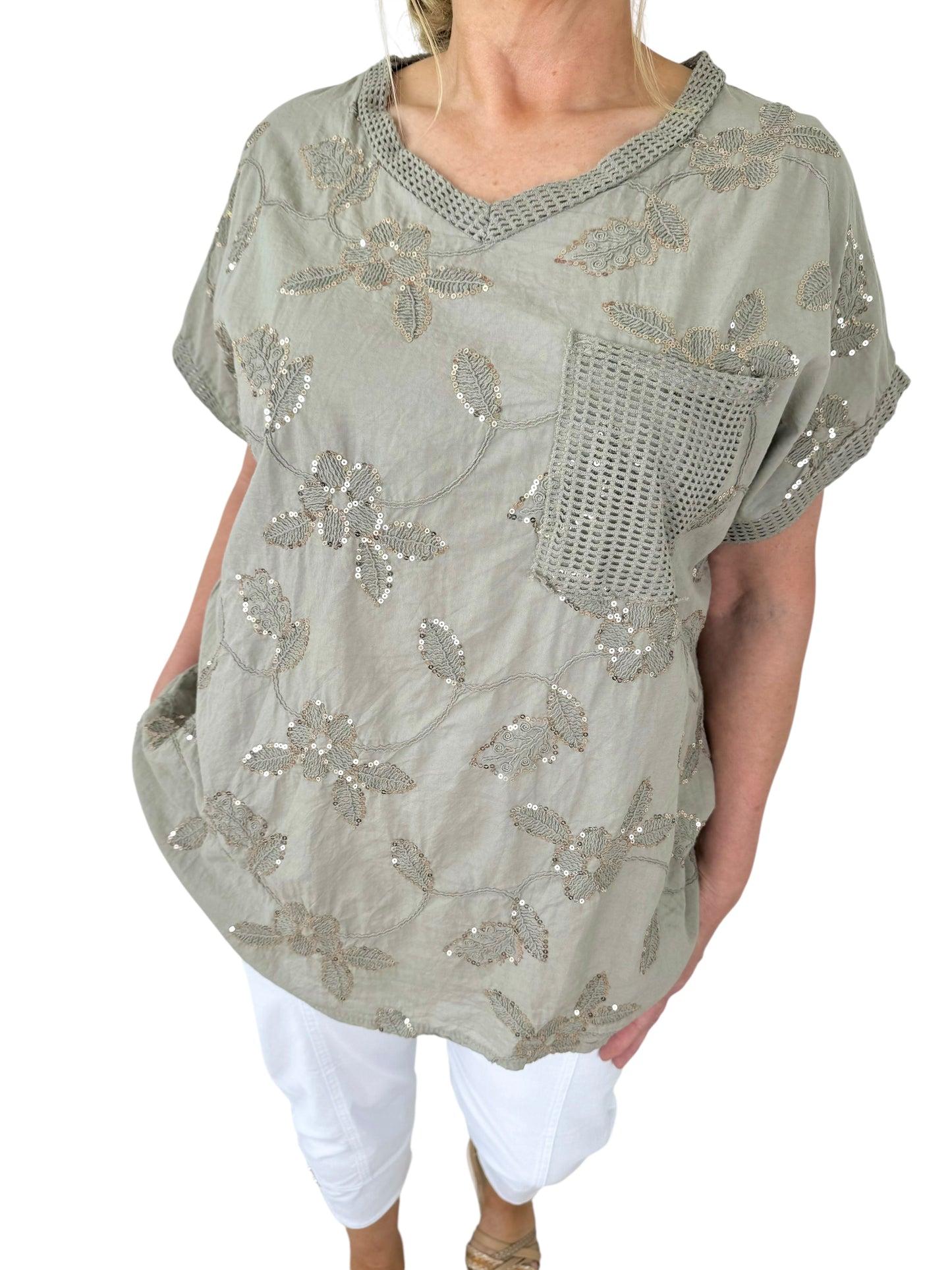 Pure Cotton Crochet Detail Gold Sequin Pocket Andriana Top - Mocha