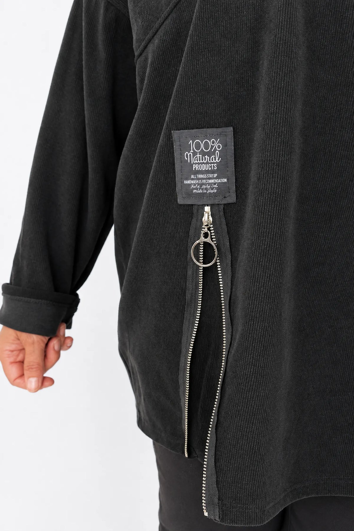 Zipped Hem Badge Detail Ciello Chenille Pocket Top - Black