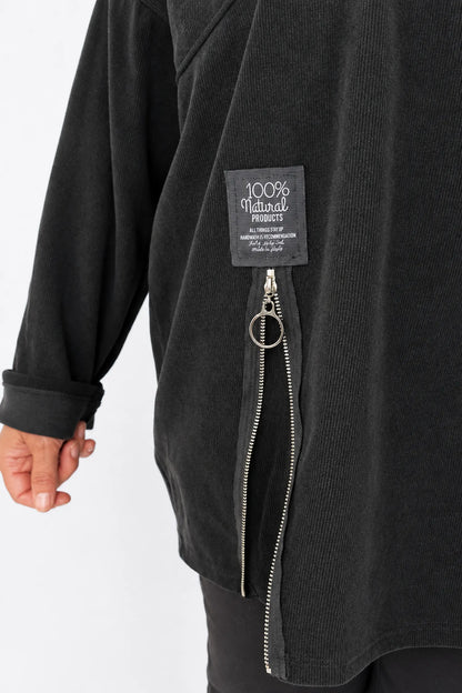 Zipped Hem Badge Detail Ciello Chenille Pocket Top - Black