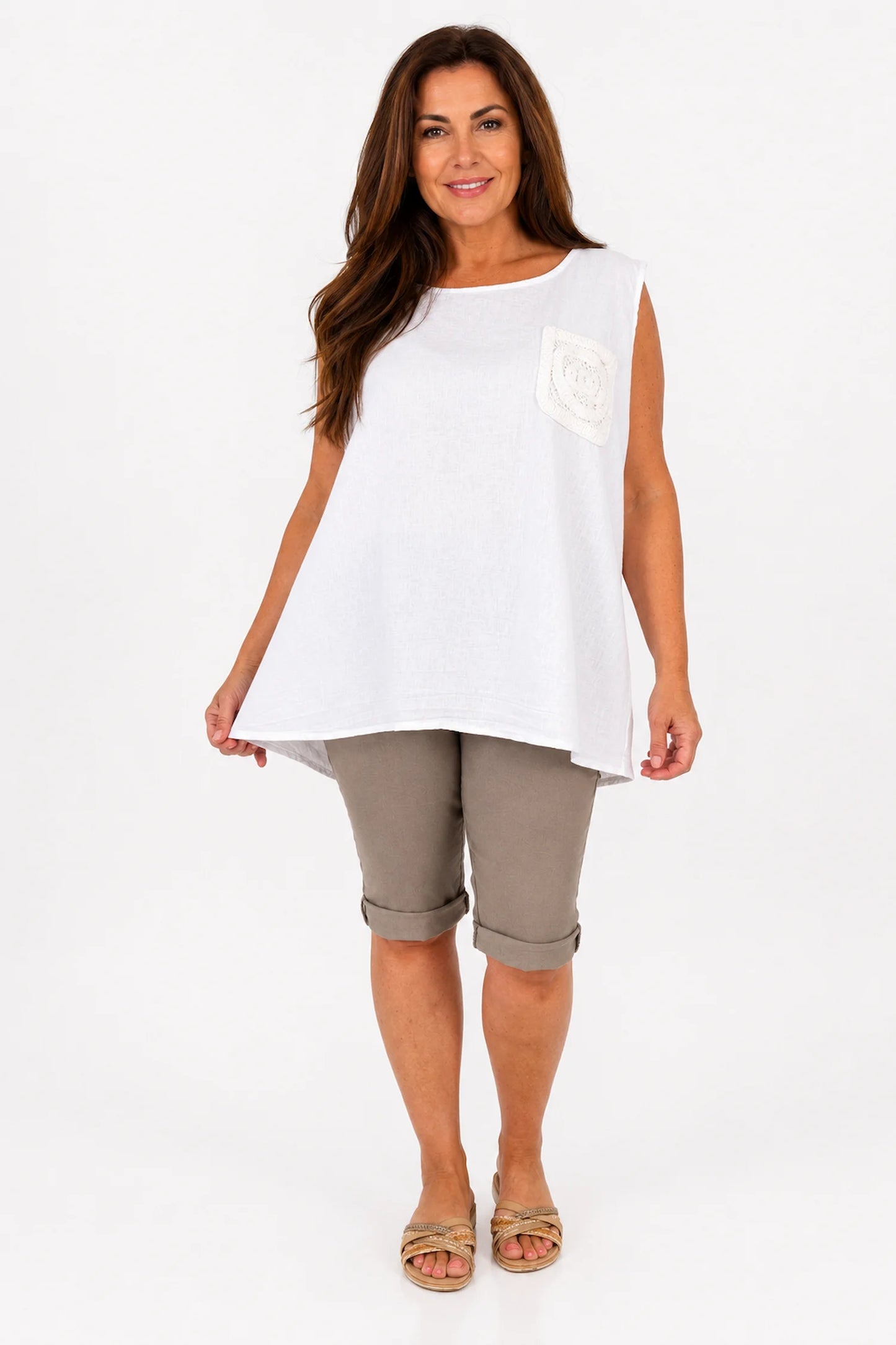 Linen Cotton Mix Button Back Embroidered Crochet Pocket Primrose Vest - White