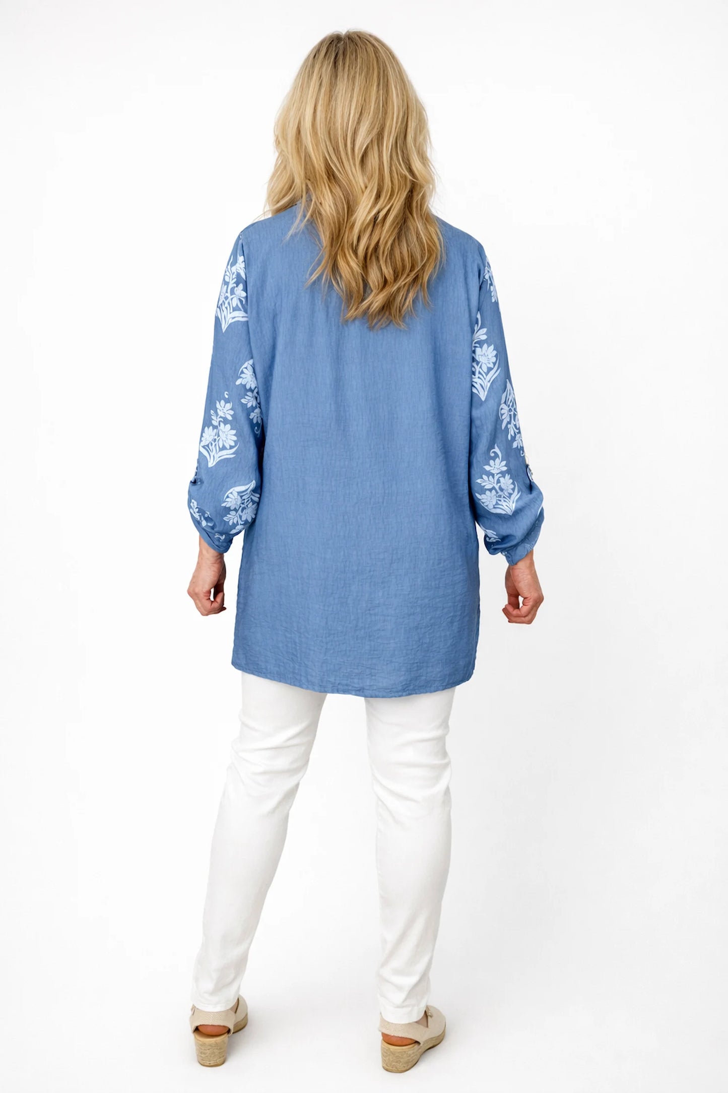 Button Sleeve Floral Double Pocket Chiara Button Shirt - Denim