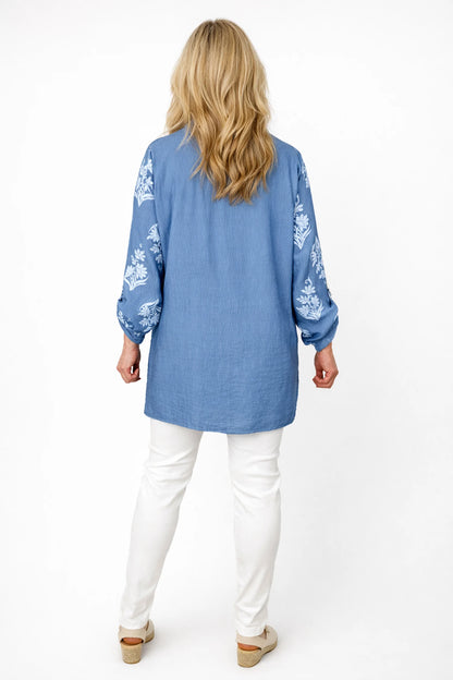 Button Sleeve Floral Double Pocket Chiara Button Shirt - Denim