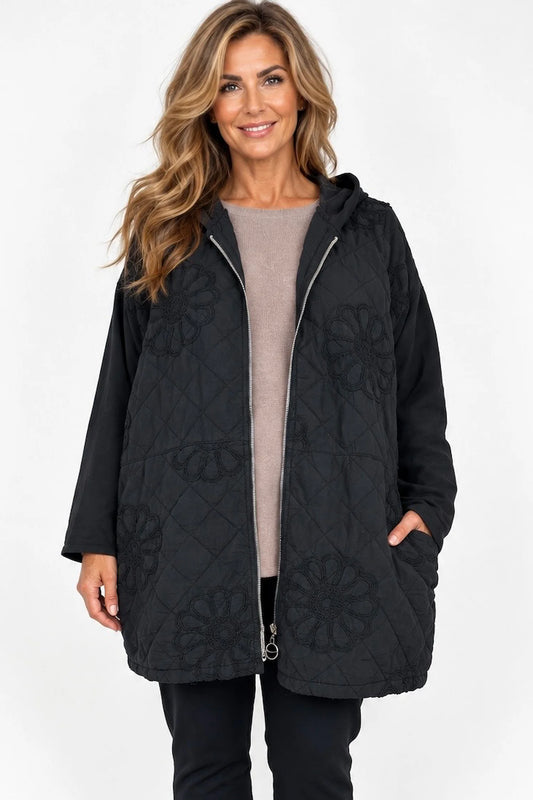 Embroidered Floral Quilted Cotton Hooded Zip Kala Coat – Black