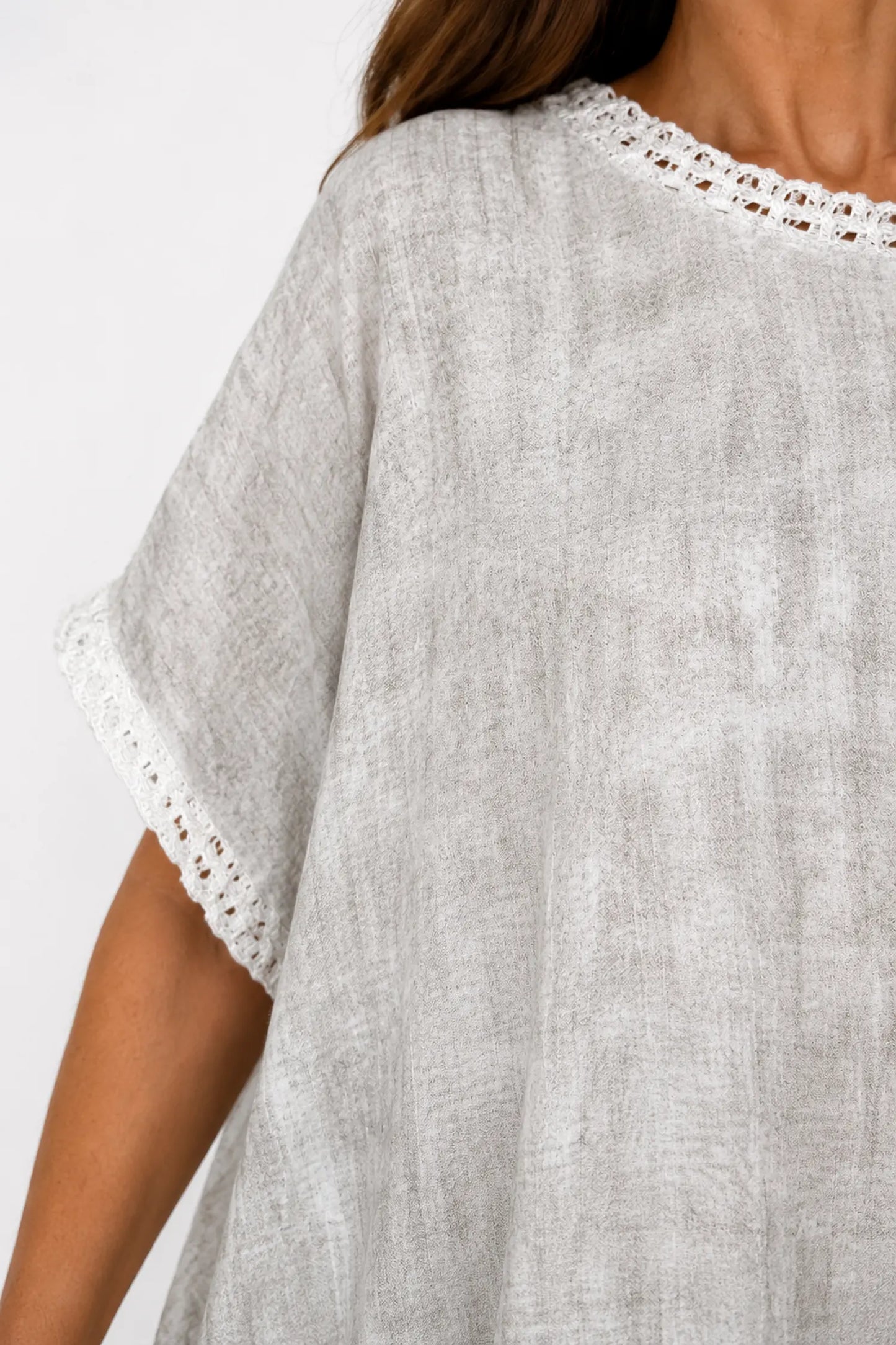Crochet Lattice Trim Lightly Textured Marsi Top - Washed Stone