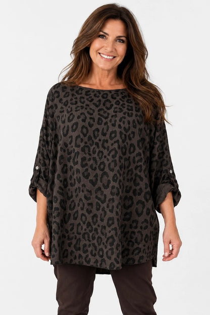 Button Sleeve Tatiana Leopard Top - Chocolate