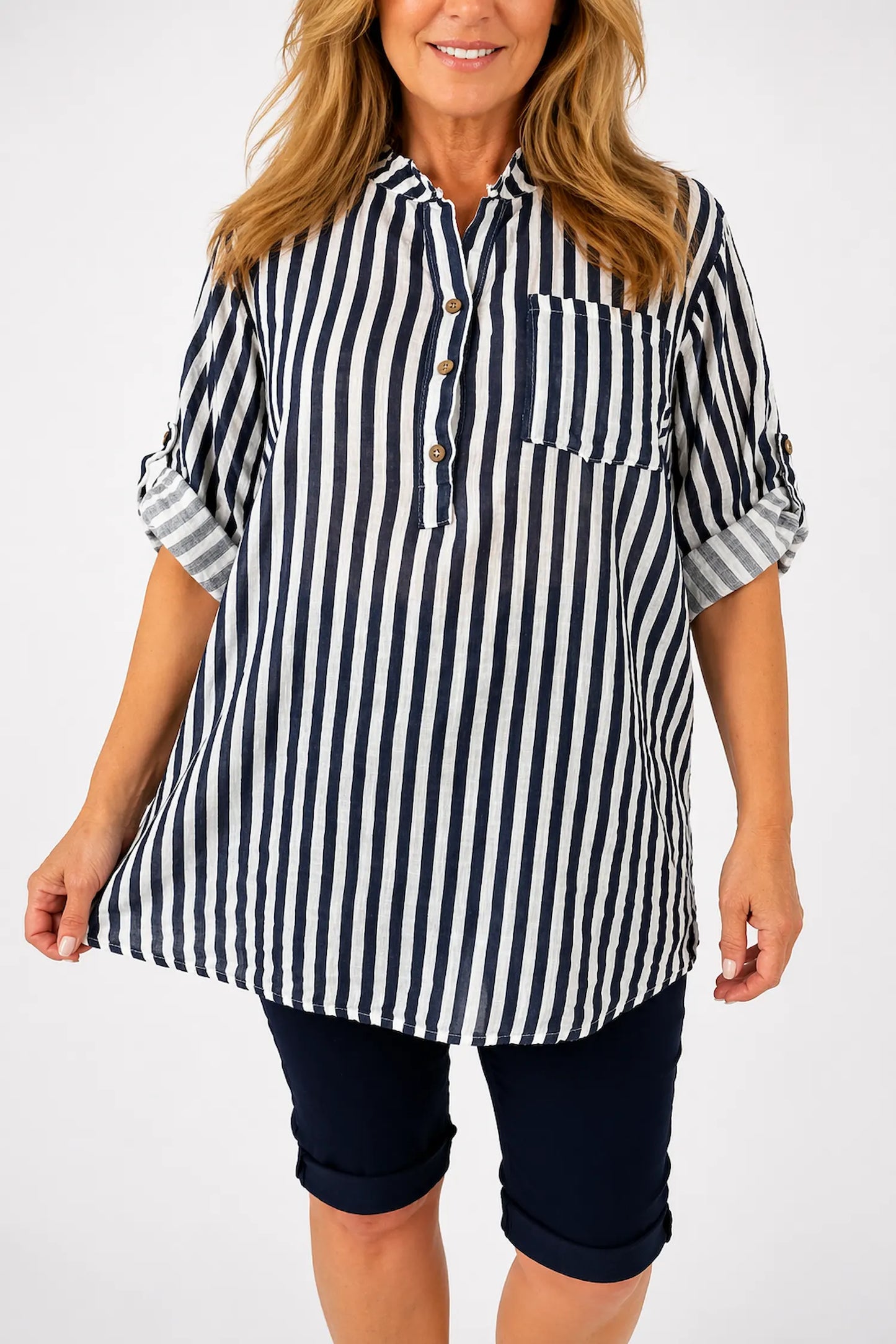 Linen Look Pure Cotton Pocket Detail Cruze Button Sleeve Stripe Shirt - Navy/White