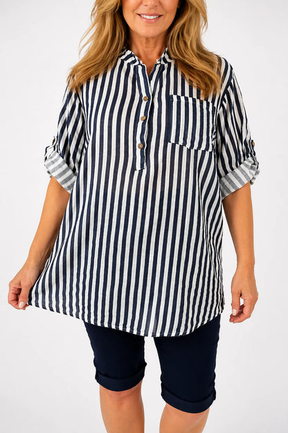 Linen Look Pure Cotton Pocket Detail Cruze Button Sleeve Stripe Shirt - Navy/White