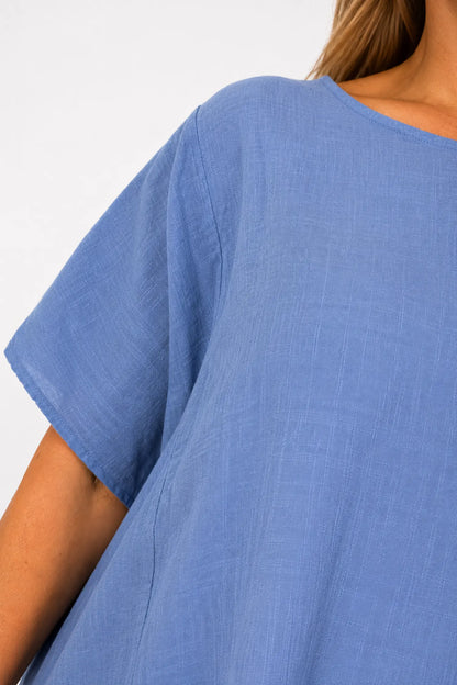 Pure Cotton Double Pocket Coté Tunic Top - Denim