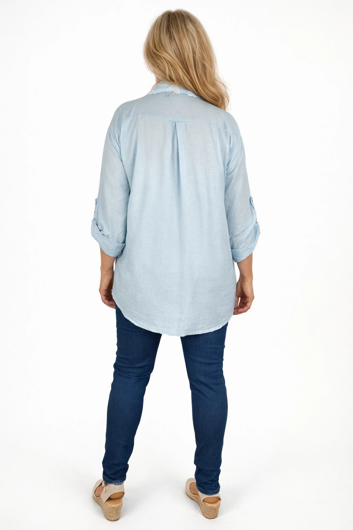 Pure Cotton Embroidered Flower Button Sleeve Valentina Button Shirt - Baby Blue