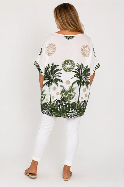Embroidered Floral Crochet Sleeve Palm Top - Jungle Green