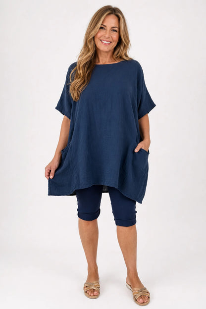 Pure Cotton Double Pocket Coté Tunic Top - Navy