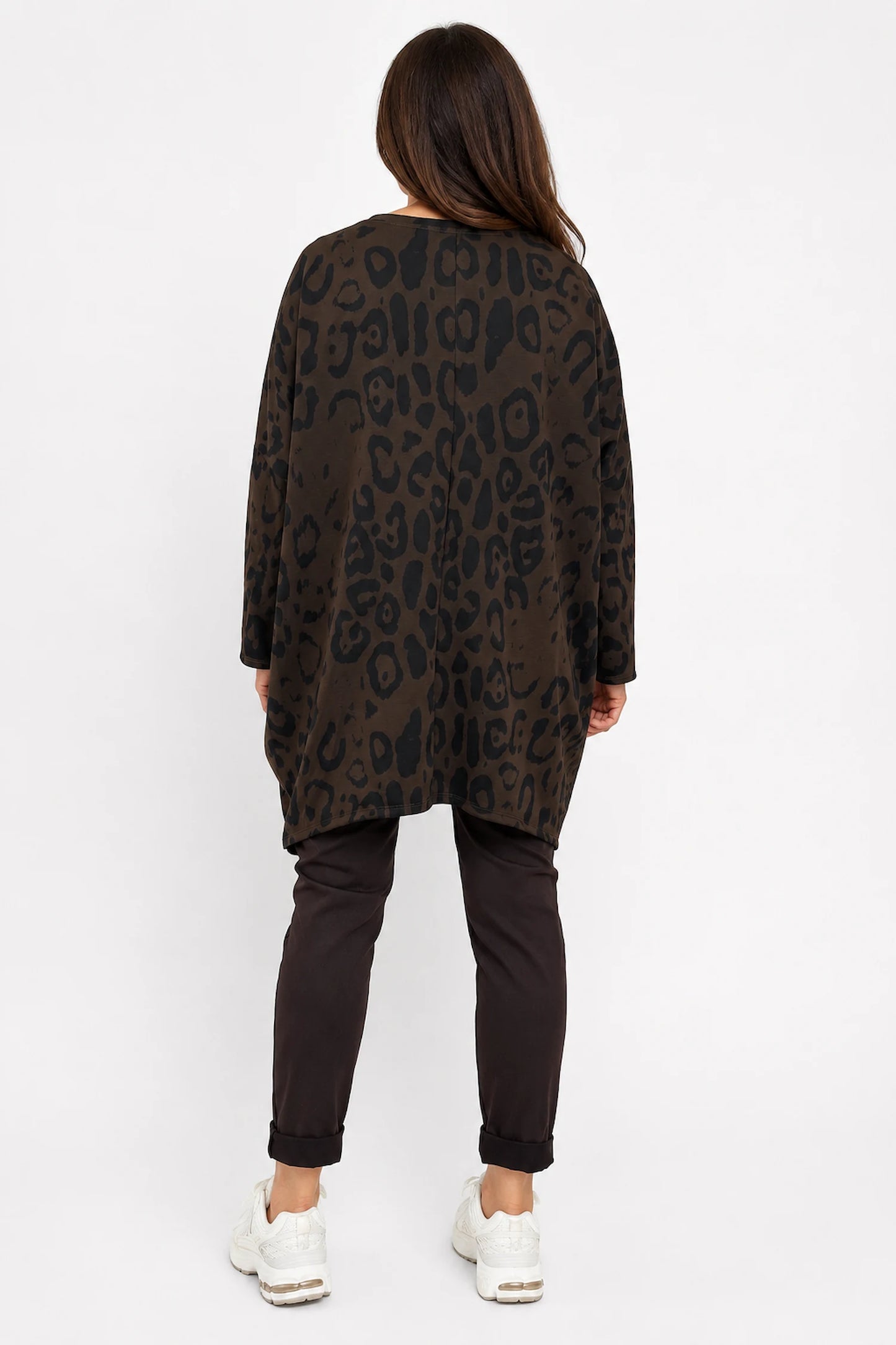 Zip Detail Scuba Leopard Zizzi Tunic Top - Chocolate