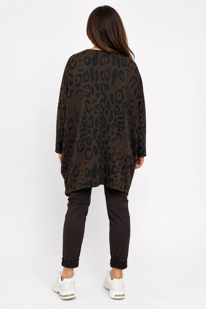 Zip Detail Scuba Leopard Zizzi Tunic Top - Chocolate