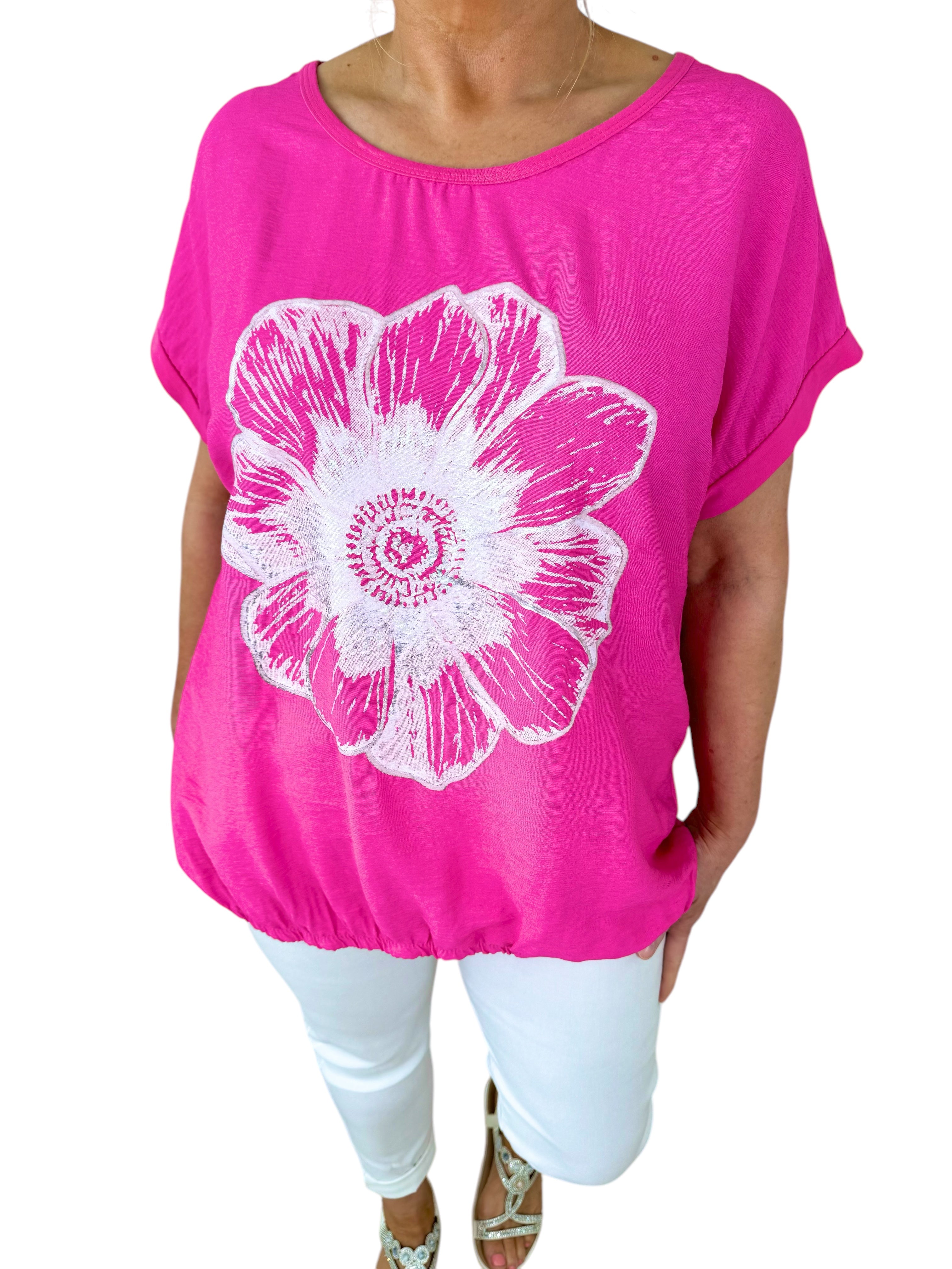 Cotton Metallic Flower Italia Top - Cerys Pink