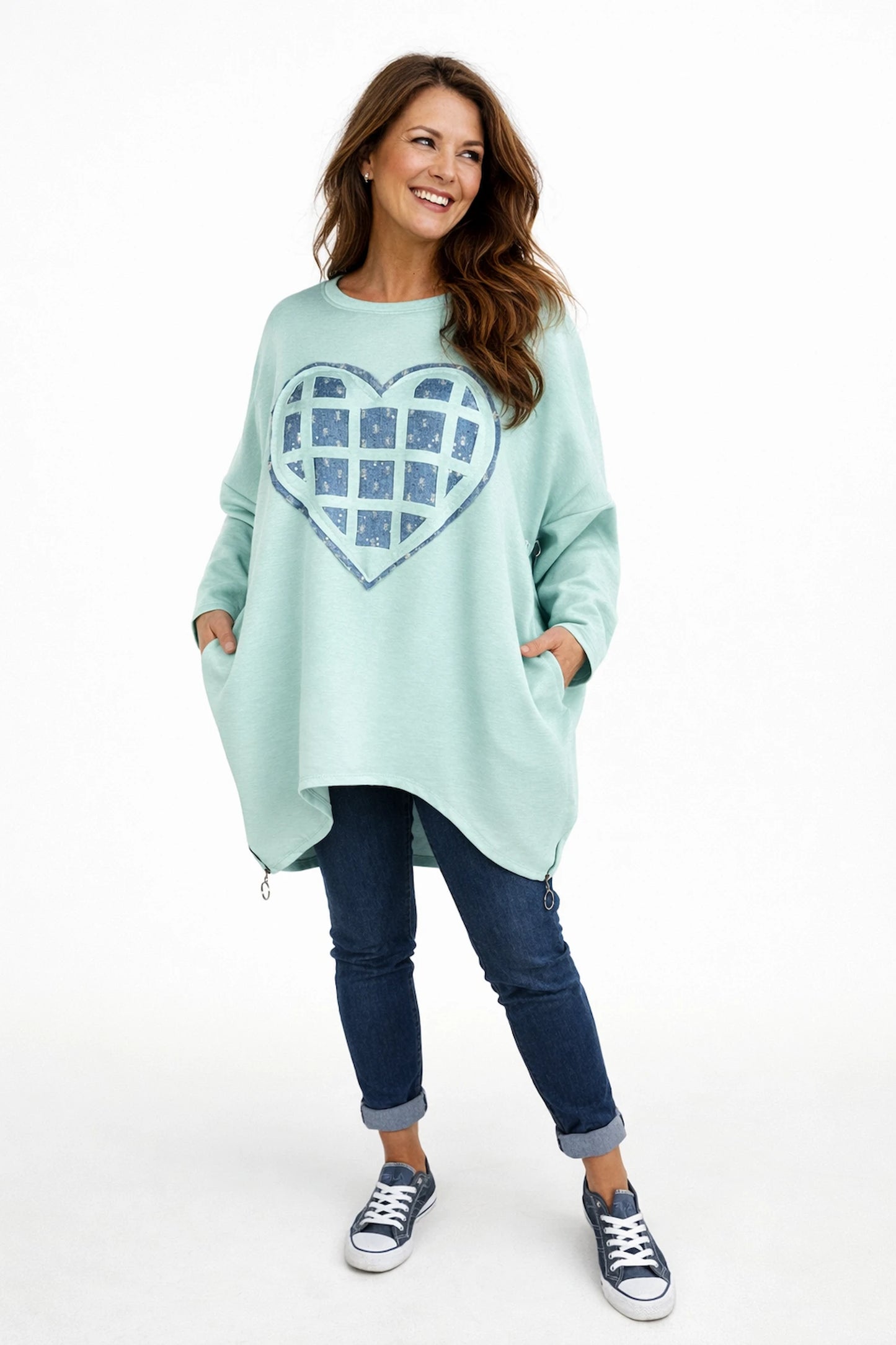 Sparkle Denim Heart Zip Side Detail Maria Sweatshirt - Mint
