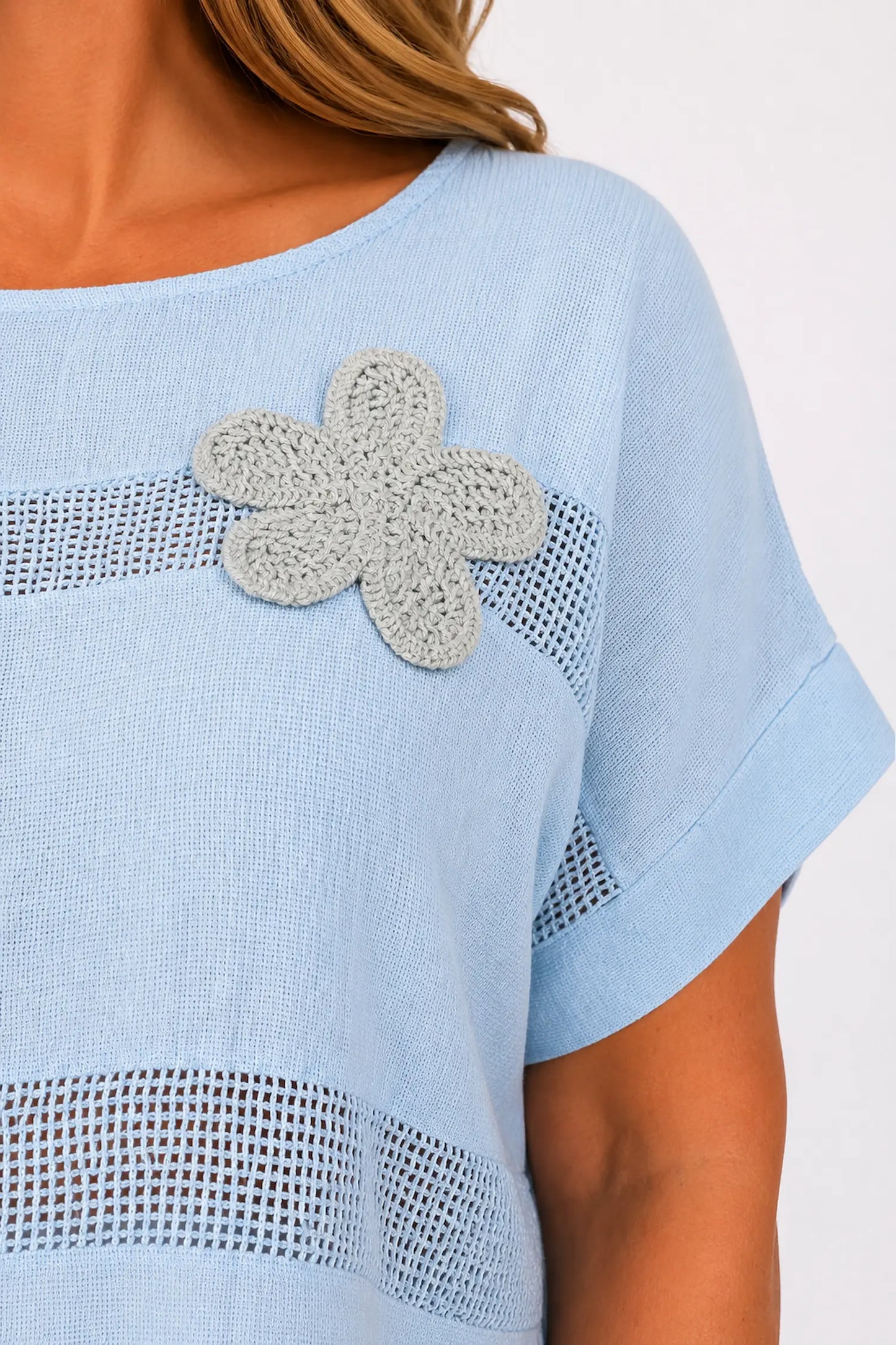 Pure Cotton Embroidered Flower Mesh Detail Capari Top - Baby Blue