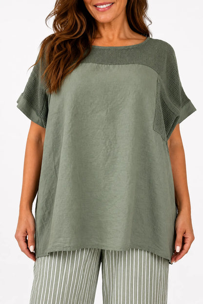 Linen Cotton Mix Mesh Detail Amalfi Pocket Top - Khaki
