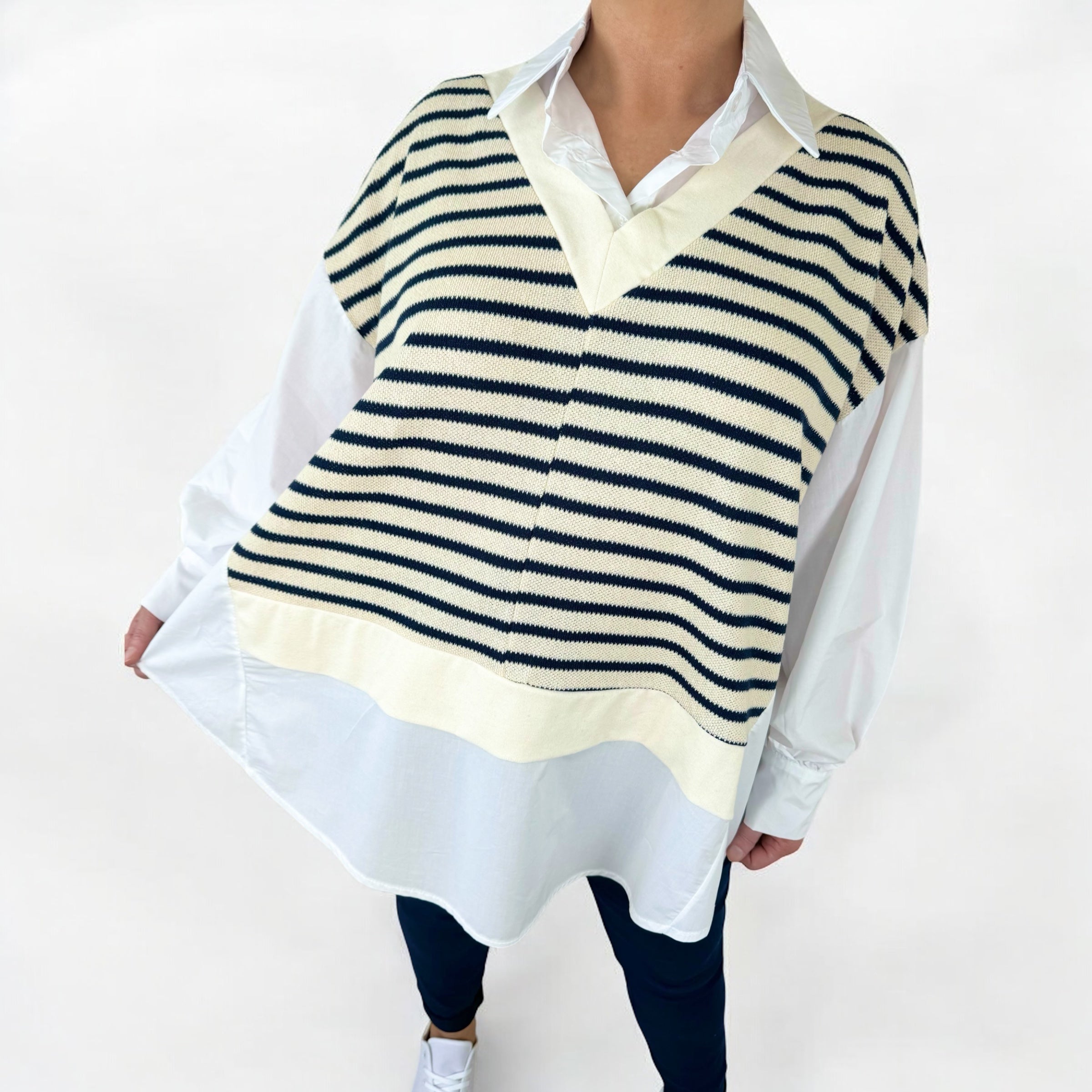 Cotton Two In One Premium Jumper Shirt - White/Beige/Navy