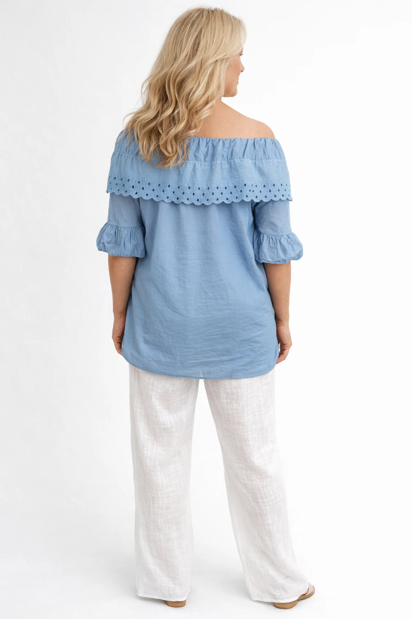Pure Cotton Frill Sleeve Elasticated Neck Embroidery Anglaise Lumière Bardot Top - Denim