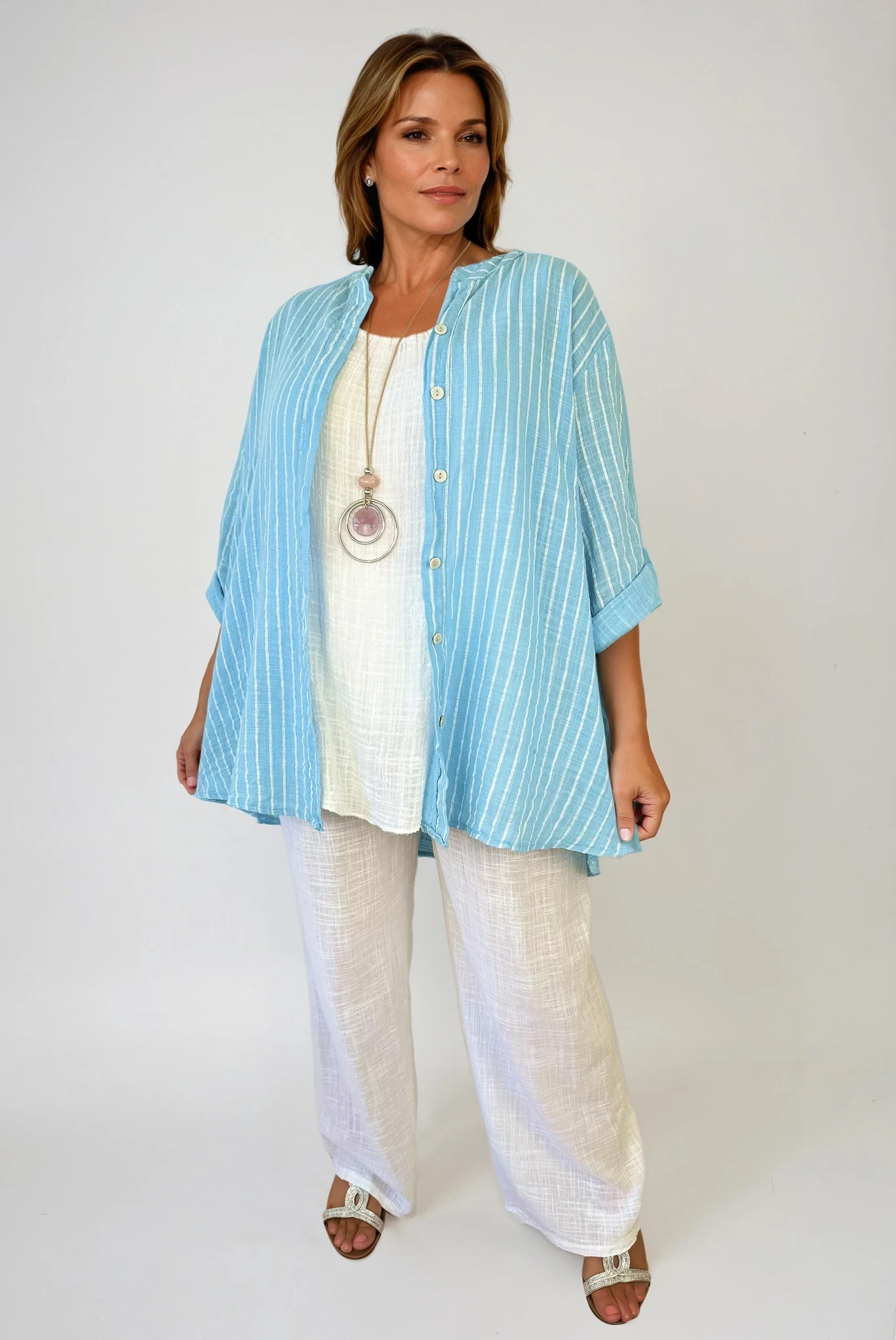 Pure Cotton Pin Stripe Button Sleeve Veresca Shirt - Baby Blue