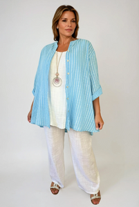 Pure Cotton Pin Stripe Button Sleeve Veresca Shirt - Baby Blue