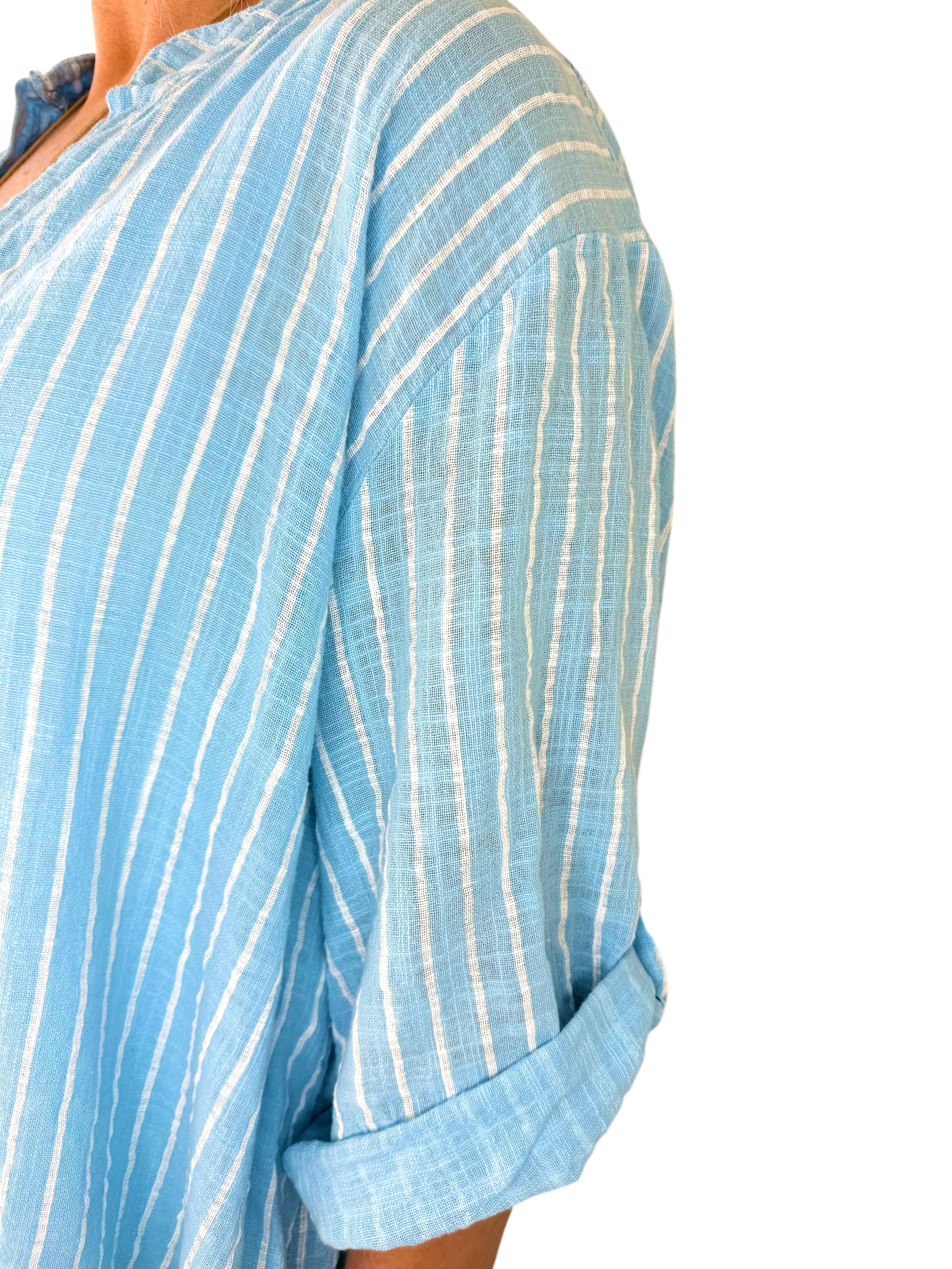 Pure Cotton Pin Stripe Button Sleeve Veresca Shirt - Baby Blue