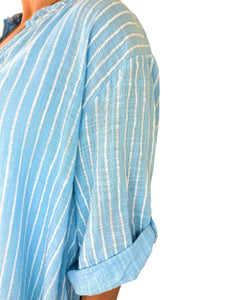 Pure Cotton Pin Stripe Button Sleeve Veresca Shirt - Baby Blue