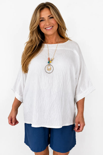 Relaxed Oversized Summer Flow Necklace Top - White